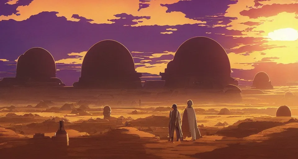 Image similar to beautiful wide shot tatooine landscape, Luke skywalker sunset, little domes, Star Wars a new hope 1977, studio ghibli, Miyazaki, Greg rutkowski, Alphonse mucha, Moebius, golden hour, highly detailed, hdr, vivid color, 70mm