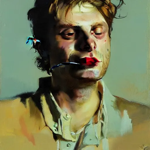 Image similar to portrait of mac demarco smoking a cigarette, detailed face, detailed painting, epic lighting, by ilya repin, phil hale and kent williams