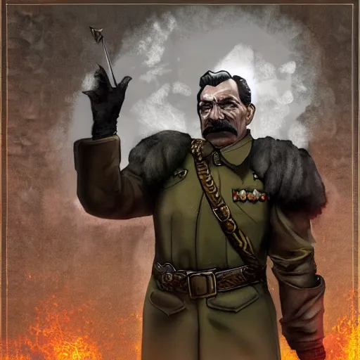 Image similar to fantasy concept art of stalin as a boss in dark souls, colored, trending on artstation