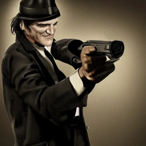 Image similar to hyper real photo of quentin tarantino with Pistol in 1930s, film noir style, octane render, cinematic portrait, insanely detailed