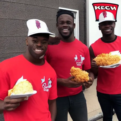 Image similar to 2 owen wilsons hanging out with 3 vince vaughns at a kfc