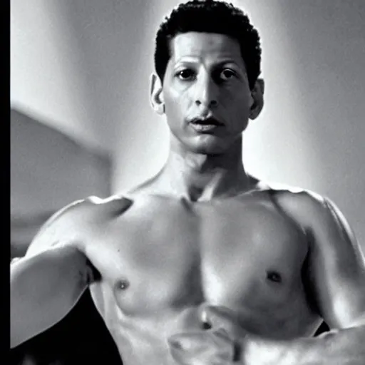 Prompt: young jeff goldblum as bruce wayne, muscular, no shirt, no glasses, film still