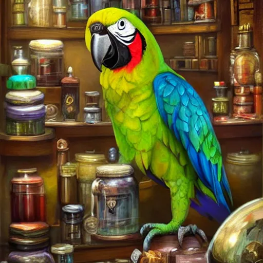 Image similar to Magic the gathering artwork of Anthropomorphized parrot trader in his shop, shelves full, selling a gem, portrait, items, magic potions, carpet, window, fancy funny hat, sly expression , cunning expression, cute expression, presenting magic gem, D&D, fantasy, cinematic lighting, highly detailed, digital painting, artstation, concept art, smooth, sharp focus, illustration, warm light, cozy warm tint, magic the gathering artwork, volumetric lighting, 8k, no gold, no gold colours, art by Akihiko Yoshida and Greg Rutkowski