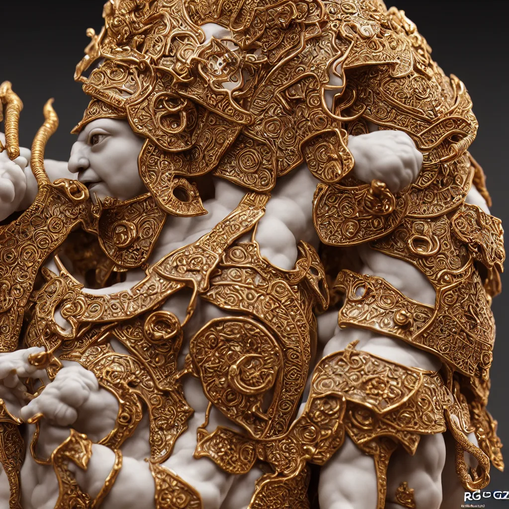 Prompt: a closeup photo - real delicate ceramic porcelain sculpture of an ornate detailed ahura mazda in front of an intricate background by rafael, micro detail, backlit lighting, subsurface scattering, translucent, thin porcelain, octane renderer, colorful, physically based rendering, trending on cgsociety