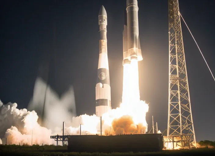 Image similar to film still of nighttime launch of the space launch system LC-39B at Kennedy Space Center in 2025, 4k, 120mm f5.6