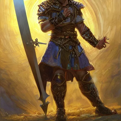 Image similar to Warrior of holy light holding his sword to the heavens as a fantasy D&D character, portrait art by Donato Giancola and James Gurney, digital art, trending on artstation