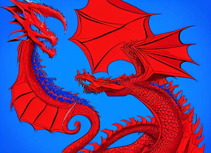 Image similar to red and blue poster with a dragon on it, vector art by cedric seaut ( keos masons ), artstation contest winner, process art, behance hd, matte background, rich color palette