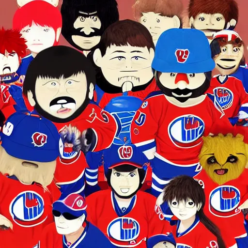 Image similar to illustration of youppi habs mascot in a gang with other nhl mascots by ilya kuvshinov katsuhiro otomo