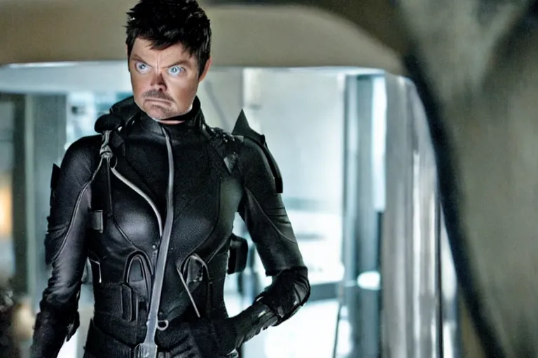 Image similar to a film still of karl urban in catwoman, high quality