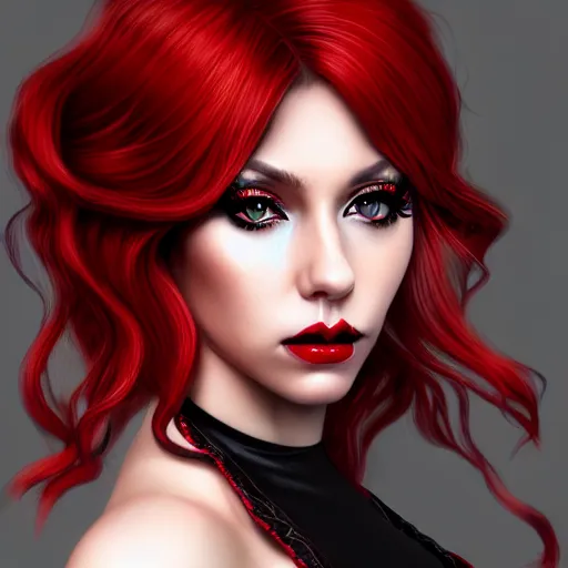 Prompt: a realistic illustration portrait of a beautiful liz katz with curly black and red hair, black eyeliner, trending on artstation, hyper - realistic lighting, intricate, ross tran