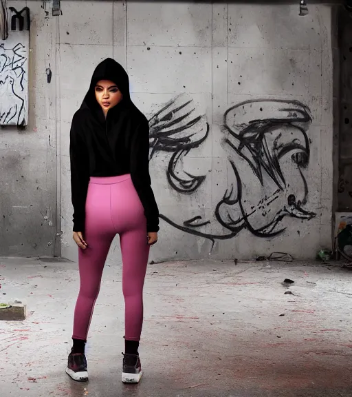 Image similar to kylie jenner doing graffiti in a derelict garage, dust mist, rear-shot, tight leggings with a pink hoody with hood up, mold, greenery, intricate, epic lighting, cinematic composition, hyper realistic, 8k resolution, unreal engine 5