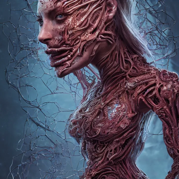 Image similar to portrait of Sophie Turner as Kerrigan Queen of Blades. intricate abstract. intricate artwork. nightmare fuel. by Tooth Wu, wlop, beeple, dan mumford. octane render, trending on artstation, greg rutkowski very coherent symmetrical artwork. cinematic, hyper realism, high detail, octane render, 8k, iridescent accents