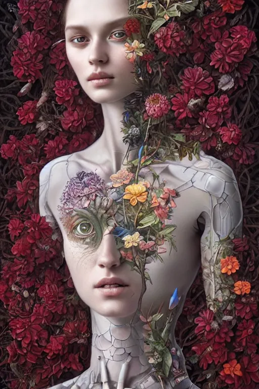 Prompt: humanoid robot, flowers growing on skin, highly detailed, expressive eyes, beautiful symmetric body, perfect proportions, highly intricate, art by tom bagshaw and alex gray