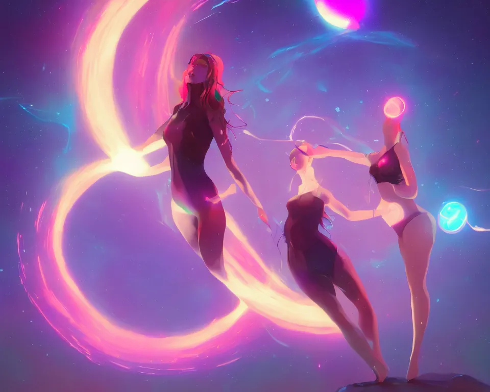 Image similar to beautiful whimsical women standing under a multi-colored binary blackhole with an accretion disc, casting magic, glowing trails following her arms, wearing professional makeup, by Lois van Baarle, by Greg Rutkowski, by artgerm, by beeple, by studio ghibli, cinematic angle, volumetric lighting, 4k resolution, octane render, trending on artstation, masterpiece