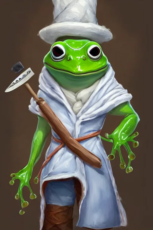 Image similar to cute anthropomorphic frog wearing a white butcher coat with a white butcher hat and holding a cleaver, cutting a wipe red watermelon, tiny, small, miniature frog, baby animal, short, pale blue armor, cute and adorable, pretty, beautiful, DnD character art portrait, matte fantasy painting, cgsociety Artstation, by Jason Felix by Steve Argyle by Tyler Jacobson by Peter Mohrbacher, cinematic lighting