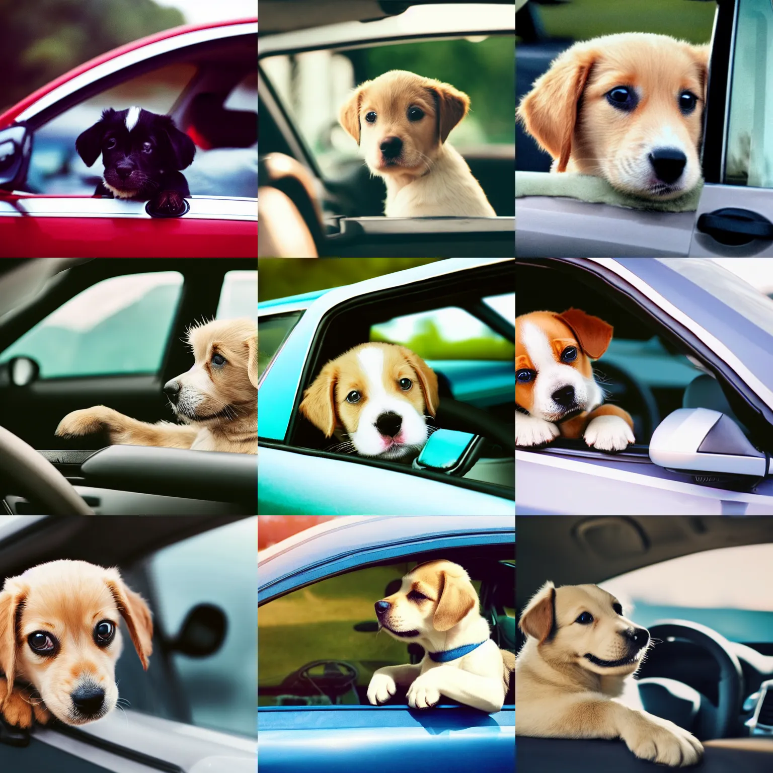 Prompt: cute puppy driving a car, film still, cinematic lens, realistic