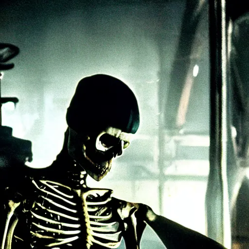 Image similar to a skeleton working in a distillery. still from blade runner