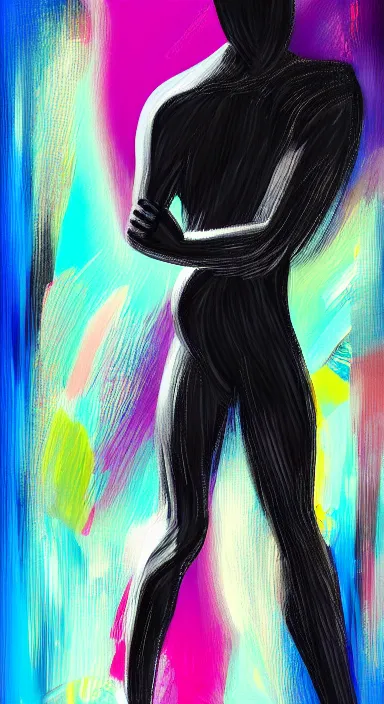 Image similar to black background abstract, a thin, athletic physique man's body made of abstract, thick flowing dramatic bright brush strokes, no face, strong wind, matte colors, impressionist, extreme motion, trending on artstation