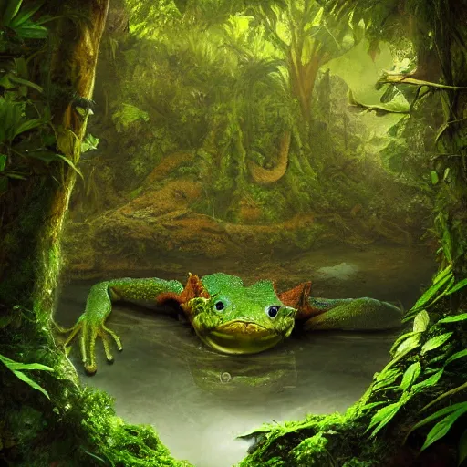 Prompt: an amphibian goblin in a rainforest, digital art, realistic, 8 k, matte painting, fantasy art, ultra detailed