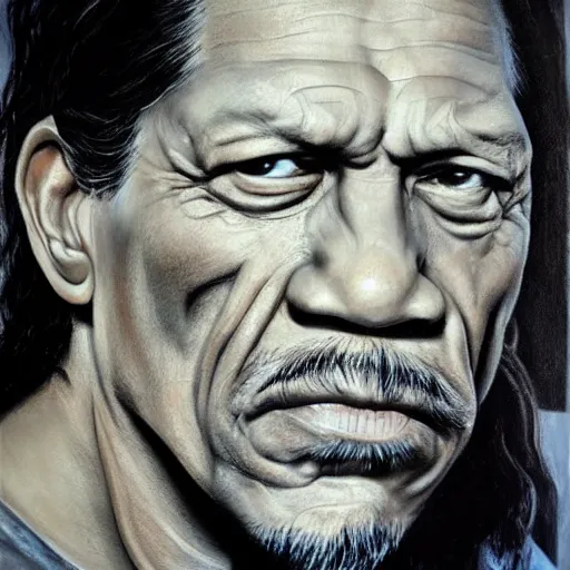 Image similar to ultra realistic portrait painting of danny trejo, art by frank frazetta, 4 k, ultra realistic, highly detailed, epic lighting