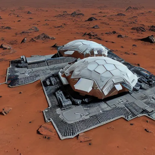 Prompt: large mars base, futuristic, spaceships on the ground, very detailed, super realistic