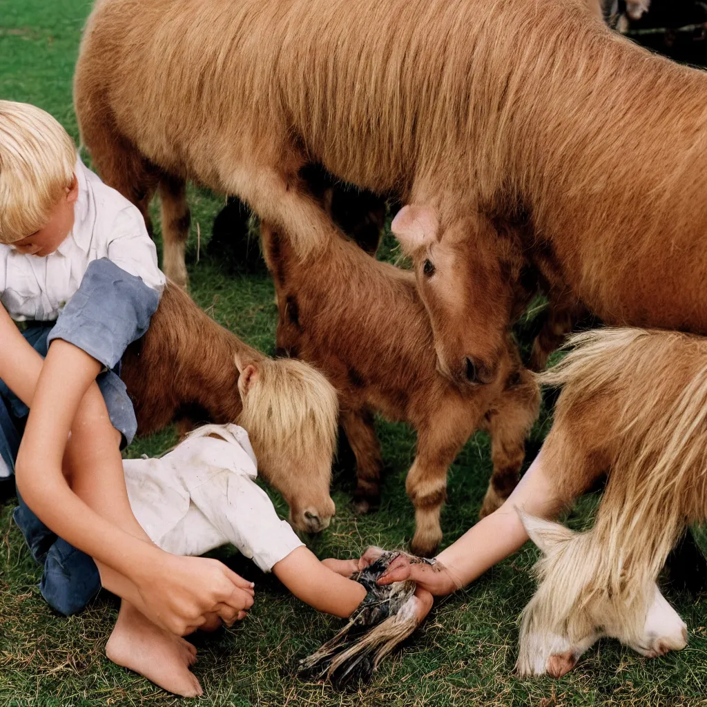 Prompt: realistic extremely detailed closeup macro portrait of a blond 8 year old boy cleans the hoof of a shetland pony, 1979, sharp focus, intricate, macro