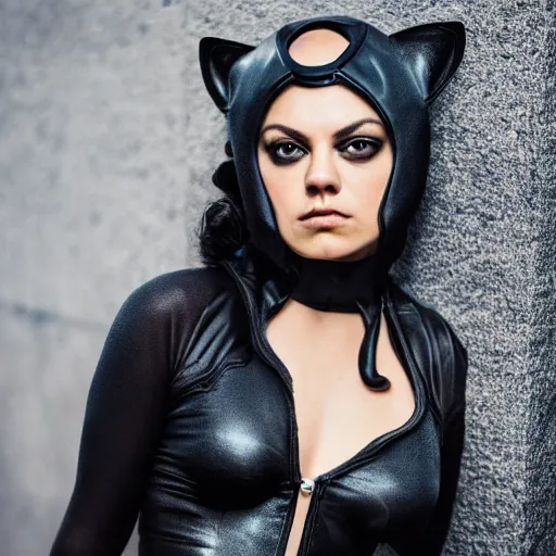 Image similar to Mila Kunis as Catwoman, XF IQ4, 150MP, 50mm, F1.4, ISO 200, 1/160s, natural light, photoshopped, lightroom, photolab