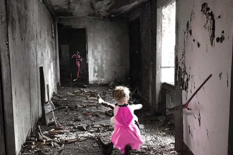 Image similar to batman wearing pink apron wielding an axe, chasing through old brown decrepit hallway, creepy smile, atmospheric eerie lighting, dim lighting, bodycam footage, photograph