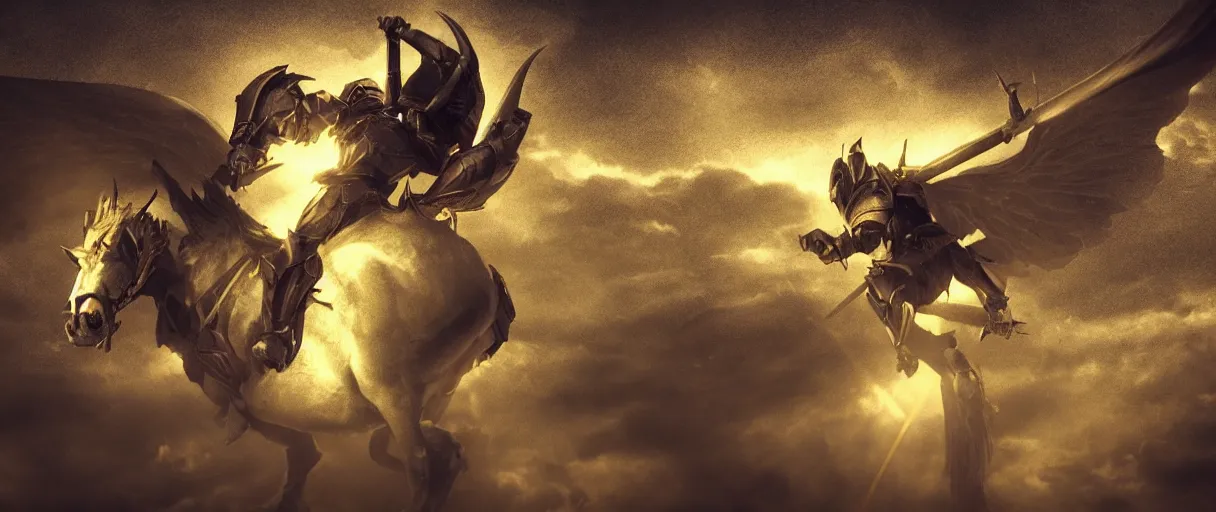 Prompt: a holy paladin lord riding ontop a insect lord dramatic lighting cinematic establishing shot extremely high detail foto realistic cinematic lighting post processed