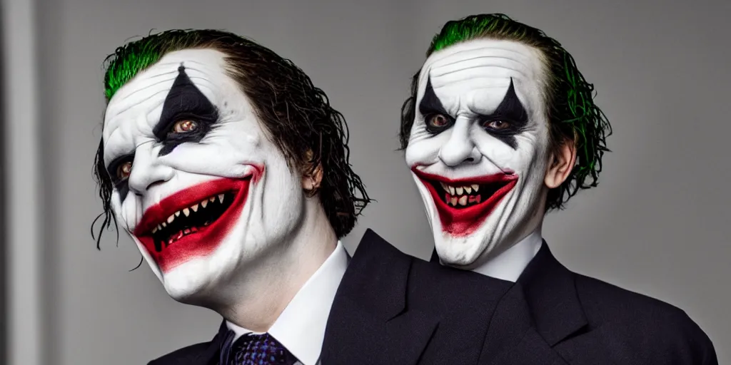 Image similar to joker wearing a suit style, photograph, grinning, creepy,