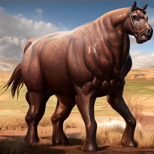 Image similar to hyperrealistic mudsdale, stunning 3 d render inspired by istvan sandorfi & greg rutkowski & mike judge, perfect symmetry, dim volumetric cinematic lighting, 8 k octane comprehensive render, extremely mega hyper - detailed and lifelike attributes & atmosphere, intricate, realistic flesh texture, masterpiece, artstation, stunning,