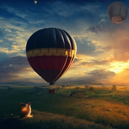 Image similar to Over-the,shoulder shot of a cat sitting in a hot air balloon, sunset time, steampunk tyle, digital art, matte painting, trending on artstation and unreal engine