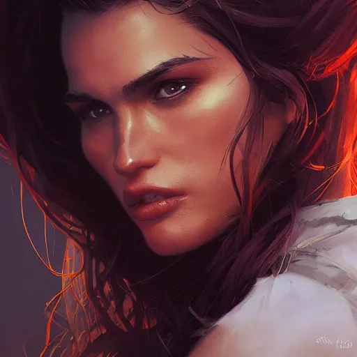 Image similar to a closeup portrait of a young cindy crawford, dramatic light, city background, sunset, high contrast, sharp, painted by stanley lau, painted by greg rutkowski, painted by stanley artgerm, digital art, trending on artstation