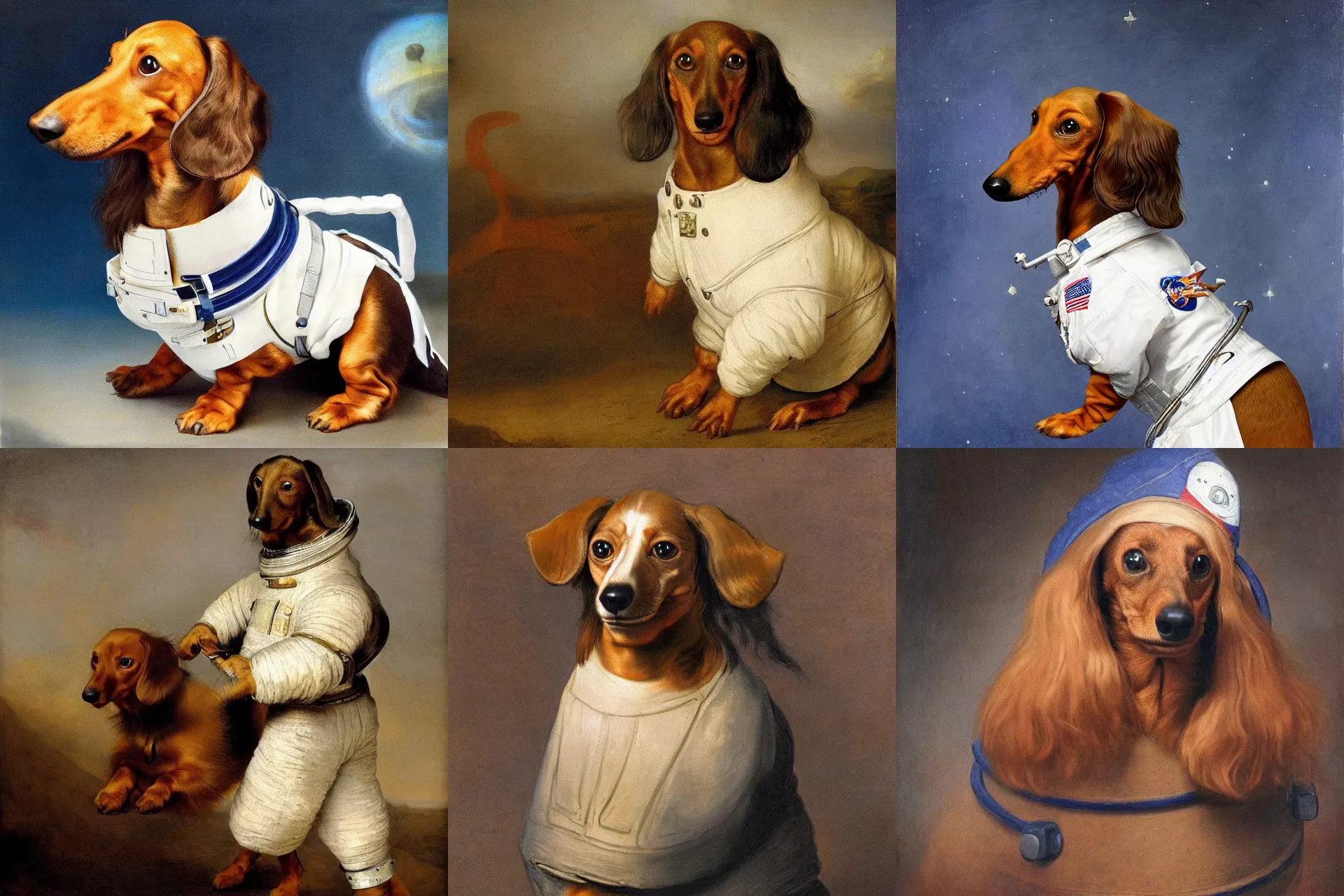 Prompt: A long haired dachshund wearing an astronaut suit painted by Rembrandt