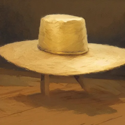 Image similar to just a hay hat in a wooden table. by Craig mullins, Steve Purcell, Ralph McQuarrie. Trending on artstation. Centered image