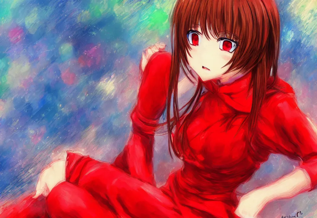 Image similar to detailed face, a cute red outfit, tokyo anime scener, very anime in impressionist style, anime trending artwork, anime painter studio, by claude monet