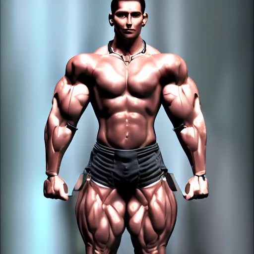 Image similar to a realistic detailed photo of a bodybuilder who is also a male android Chris Redfield, shiny skin, posing robotically, blank stare