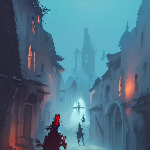 Prompt: lone zombie exploring medieval town streets, inspired by Marc Simonetti and Anton Fadeev