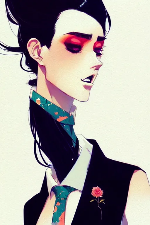 Image similar to a ultradetailed beautiful panting of a stylish woman wearing a shirt with a tie, she has black hair, by conrad roset, greg rutkowski and makoto shinkai, trending on artstation