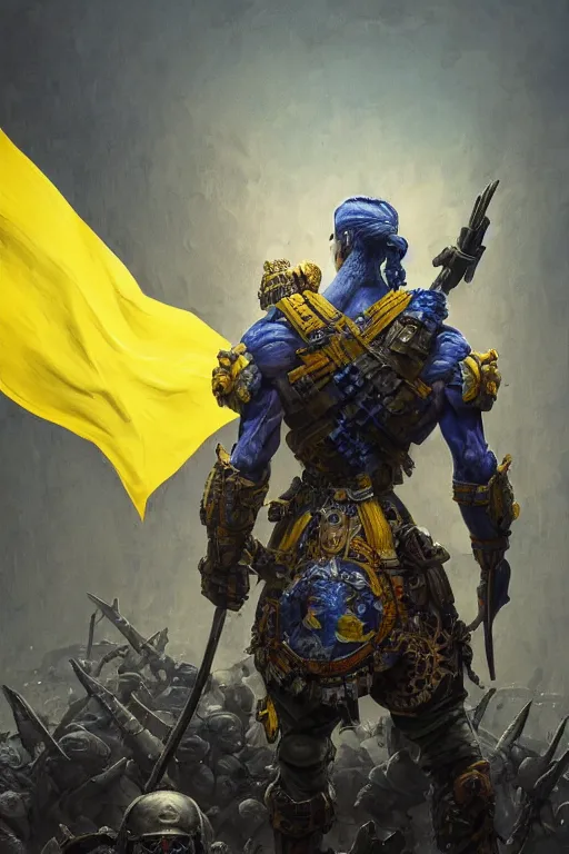 Image similar to a distant shot from behind of a Ukrainian super soldier with blue and yellow flag behind him standing alone on a huge pile of skulls as a winner, masculine muscular figure, D&D, fantasy, intricate, elegant, highly detailed, extremely detailed, rim lighting, octane render, 8k, digital painting, artstation, concept art, matte, sharp focus, symmetrical, illustration, art by Artgerm and Greg Rutkowski and Alphonse Mucha