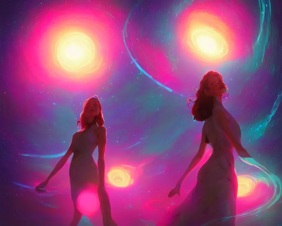 Image similar to a beautiful whimsical woman standing under a multi-colored binary blackhole with an accretion disc, casting magic, glowing trails following her arms, digital art, by Lois van Baarle, by Greg Rutkowski, by artgerm, by beeple, by studio ghibli, cinematic angle, volumetric lighting, 4k resolution, octane render, trending on artstation, masterpiece