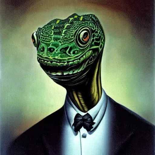 Prompt: A portrait of a humanoid lizard wearing a suit, eerie, by Salvador Dali