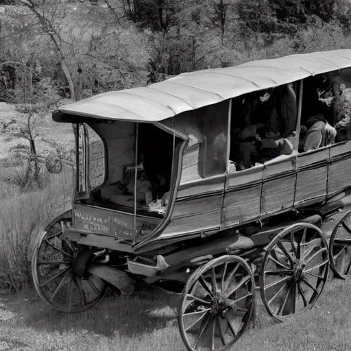 Image similar to a birdseye view sepia photograph of a delorean turned into a covered wagon, traveling in a line with covered wagons and cattle