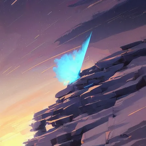 Image similar to black scrap metal pieces trailing behind blue chunk of ice hurtling through night sky, behance hd artstation by jesper ejsing by rhads, makoto shinkai and lois van baarle, ilya kuvshinov, ossdraws