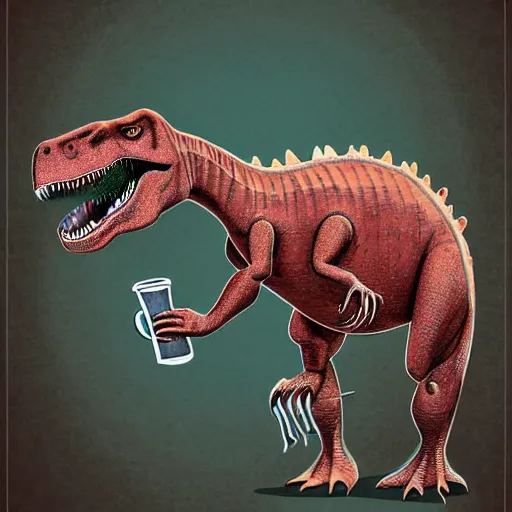 Prompt: a dinosaur t-rex wearing sunglasses and holding a cup of coffee, digital art, detailed, intricate, beautiful