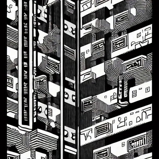 Image similar to mcbess illustration of a Brutalist Soviet building in the form of Scissors, cyberpunk, future tech, extremely detailed, rule of thirds, greeble, circuitry