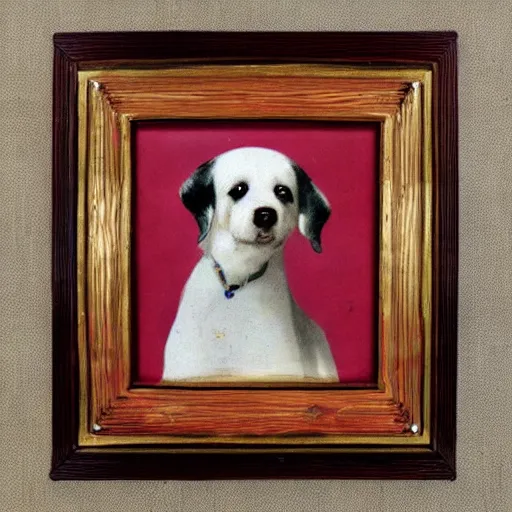 Image similar to painted wooden frame, elegant, 1 9 2 0 s, for a square picture of a happy dog 3 d render