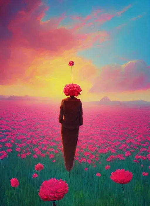 Image similar to woman with a giant carnation head, flower field, surreal photography, sunset dramatic light, impressionist painting, colorful clouds, blue sky, digital painting, artstation, simon stalenhag