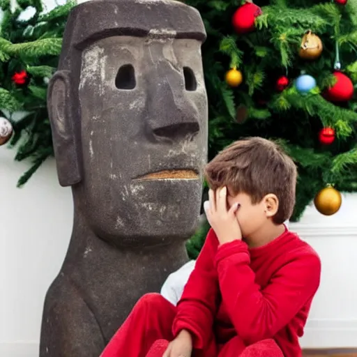 Image similar to a kid at christmas disappointed and crying looking a giant moai statue, his hands buried in his face, sitting down, looking disgusted and annoying | inside of a house next to a christmas tree, large opened present box next to the moai