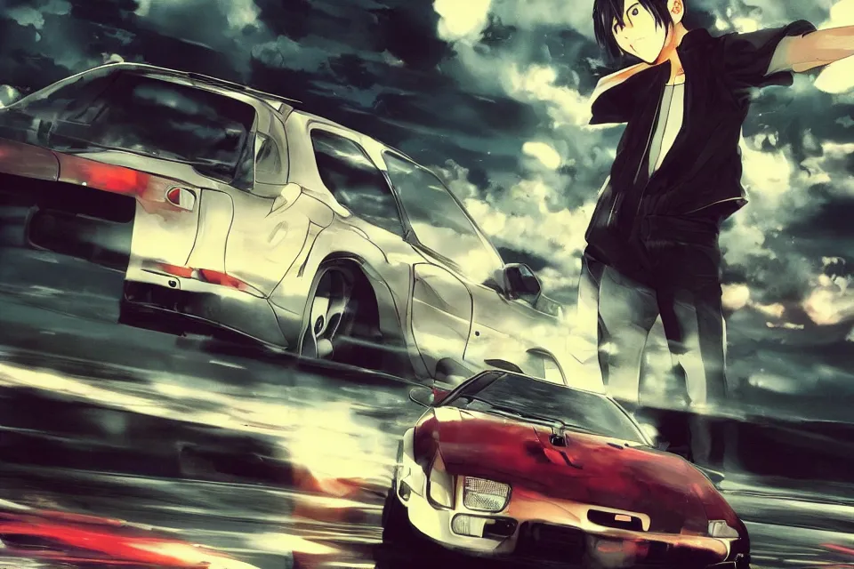 Image similar to aesthetic illustration of ryosuke takahashi with black hair, standing by his white glossy mazda rx 7 on an empty highway at sunrise, cinematic lighting, initial d anime 1 0 8 0 p, detailed anime face, high detail, 9 0 s anime aesthetic, volumetric lights, rule of thirds, unreal engine 5 render, pinterest wallpaper, trending on artstation